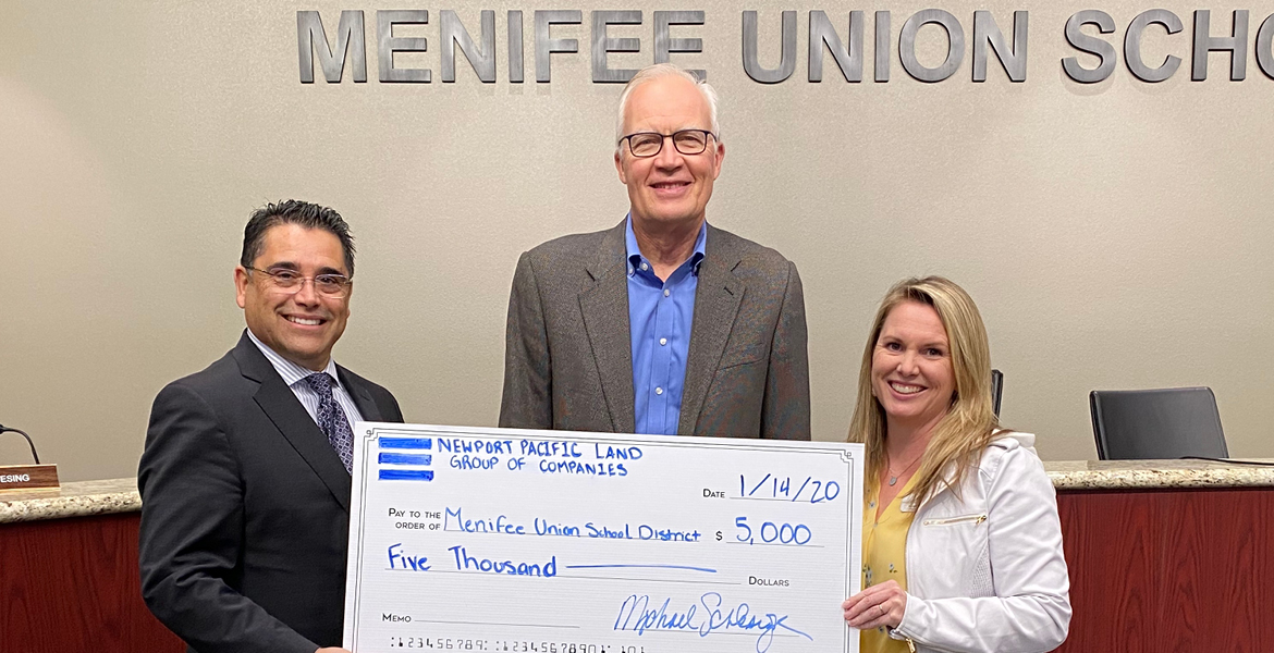 Picture Pictured: (Left to right) Menifee Union School District Superintendent Dr. Steve Kennedy, Newport Pacific Land Senior Vice President Michael Schlesinger, and Menifee Union School District Board Vice President Jackie Johansen.